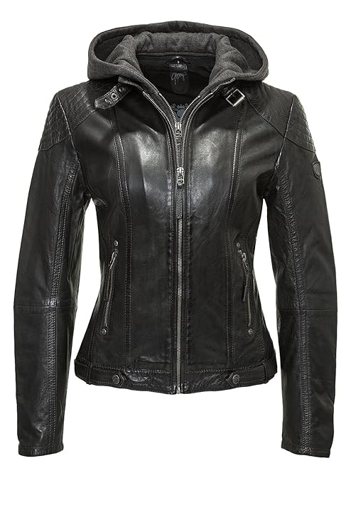 Gipsy Damen Lederjacke mit Kapuze im Biker Look Schwarz