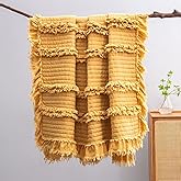 Ultra Soft Pre-Washed Warm Quilted Throw Blanket, Ruffle Fringed Yellow Boho Decorative Throw, Stone Washed Chic Rustic Blanket for Sofa Couch Bed Chair, 50"x 60"