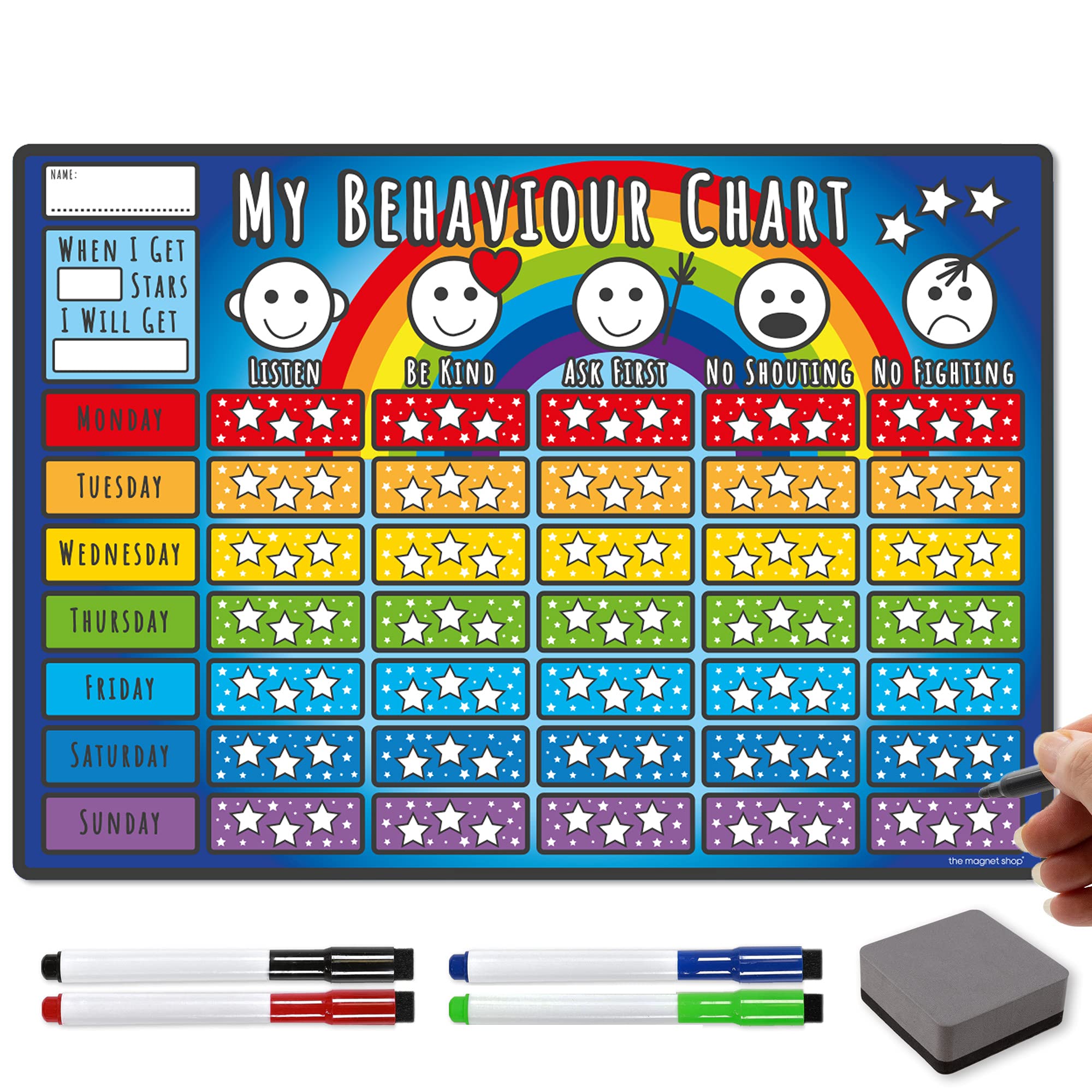 Magnetic Star chart for Inspiring Good Behaviour in Toddlers and Kids, Boys and Girls | TMS Behaviour | with 4 Magnetic Coloured Dry Wipe Pens (Rainbow, A3 Size)