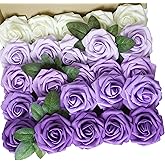 Exoment 25pcs Artificial Flower Purple Foam Rose Real Touch Roses Flower Heads with Stem for DIY Wedding Bouquets Centerpieces Arrangements Party Baby Shower Home Decor (Shades of Purple Rose)