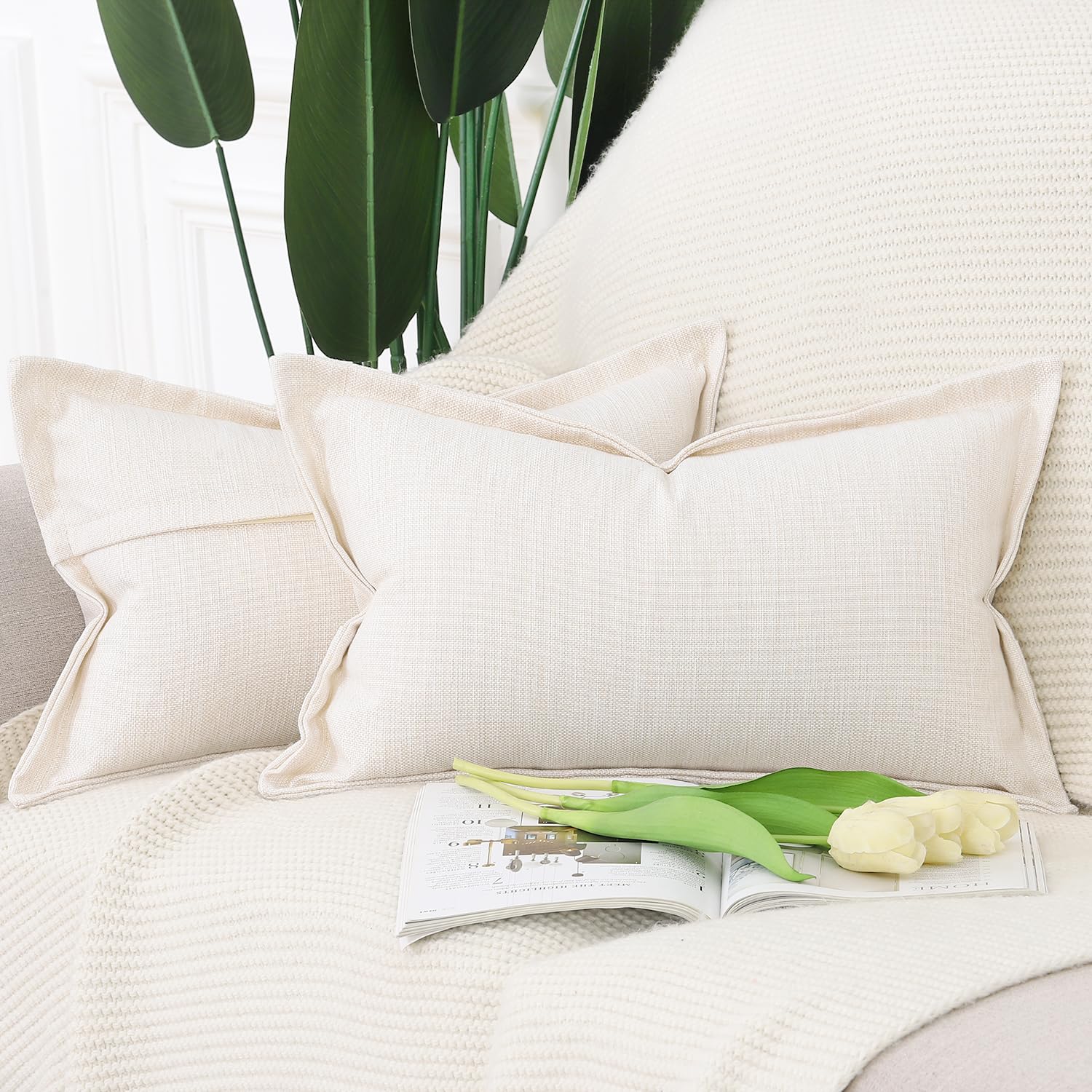 Madizz Set of 2 Faux Linen Cushion Covers with Broad Edge Soft Boho Decorative Pillow Cases for Sofa Bedroom Modern Pillow Shell 12x20 inch, 30x50 cm Ivory