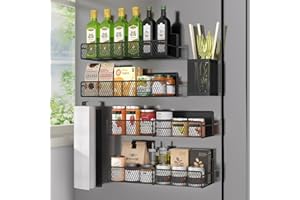 DTUQYX Magnetic Spice Rack for Refrigerator, 6 Pack Metal Magnetic Shelf Black, Moveable Spice Organizer, Strong Magnetic Storage Fridge Organizer with Paper Towel Holder, Utensils Holder