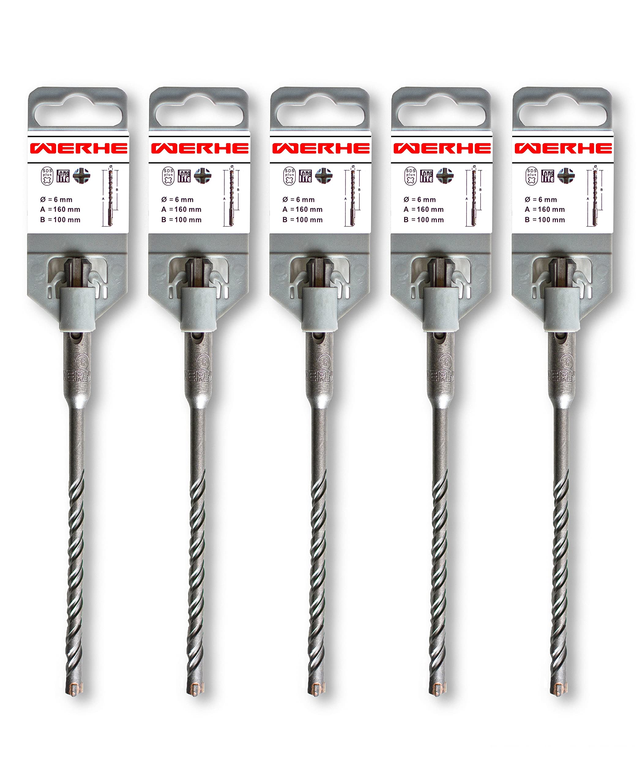 WERHE ® Professional 5 pcs. SDS Plus Concrete Drill 6 x 160 mm Hammer Stone Quadro X Quadruple Cutting Cross Cutter