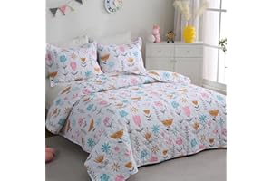 CIMVI Girls Pink Floral Quilt Set Queen Size Kids Bedding Sets Lightweight Summer Bedspread Soft Microfiber Breathable Bed Comforter All-Season