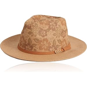 Women’s Floral Panama Hat, Crushable Fedora Sun Hat with Vegan Leather Band and Adjustable Fit