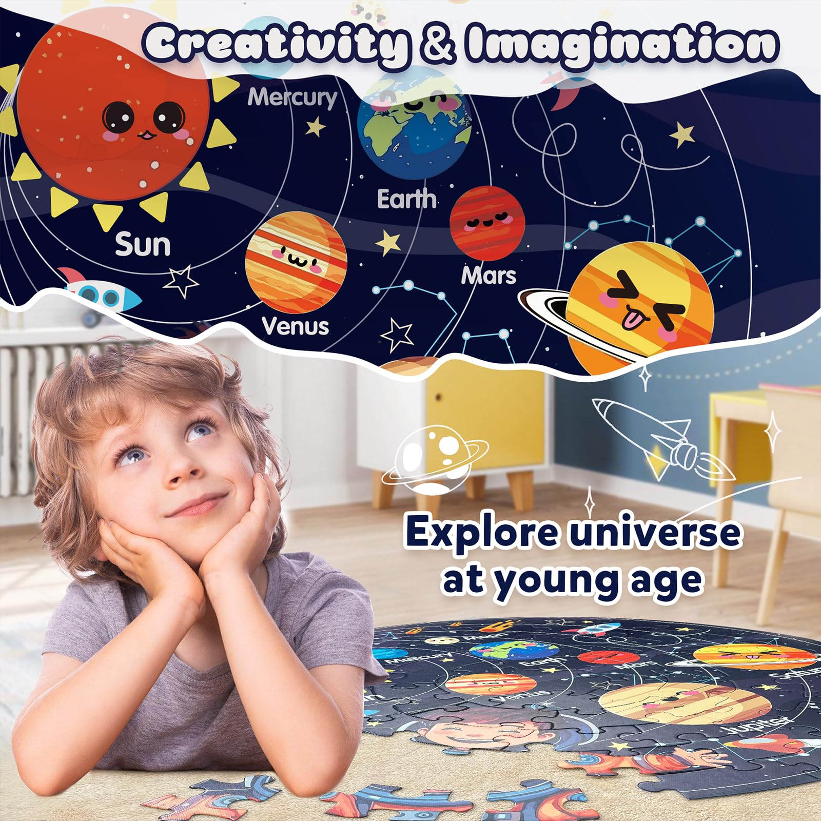 Puzzles for Kids Ages 4-6 with Solar System Planets, 70 Piece Round Large Kids Floor Puzzles for Ages 3 4 5 6 7 8, Educational Toy Gift Jigsaw Puzzles for 5 Year Old Boys Girls
