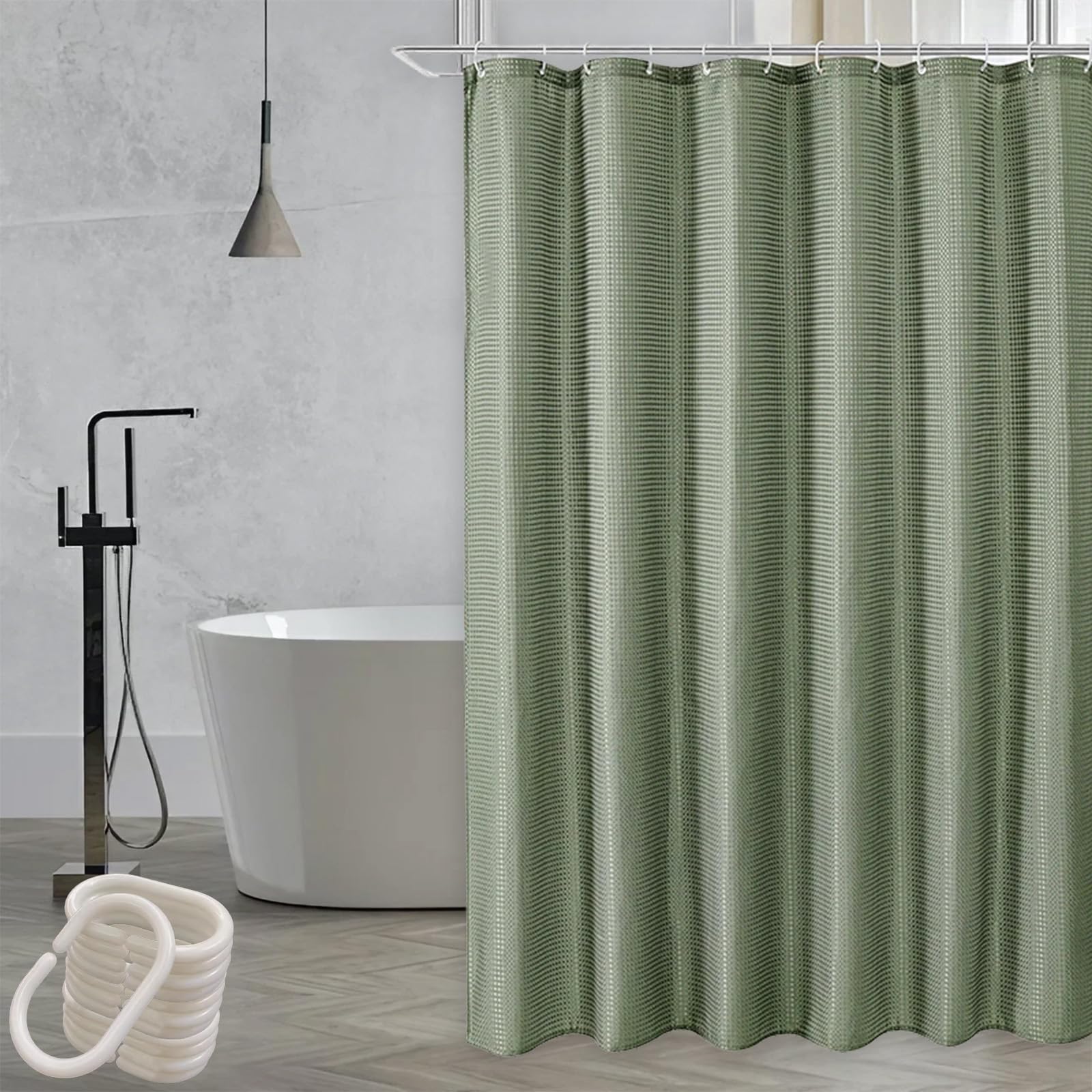 Onperpoe Waffle Shower Curtain, Green Shower Curtain with 12 Hooks, Weighted Waterproof Mould Resistant Bathroom Curtains 180 x 180cm Long Shower Curtains for Bathroom Bathtub
