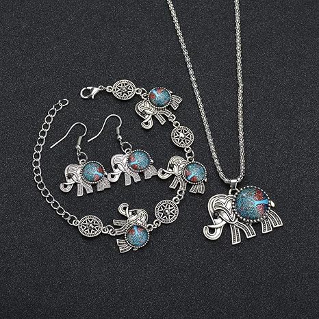 Amazon Co Jp N Aエスニックエレファントライフオブツリーペンダントネックレスイヤリングブレスレットジュエリーセット タイムジェム ツリーオブライフエレファントセット ブルー ホーム キッチン