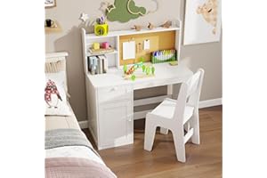 FTZXHKLX Kids Study Desk with Chair, Kids Desk Chair Set for 5-12 Years Old, Children Wooden Study Table with Hutch & Storage Cabinet, Student Writing Table Computer Workstation for Girls and Boys, White