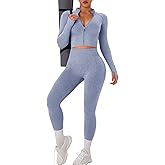 OLCHEE Womens Workout Sets 2 Piece Seamless Yoga Outfits Long Sleeve Zipper Jacket High Waist Leggings Butt Lifting Gym Set