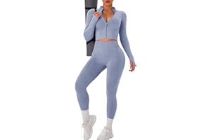 OLCHEE Womens Workout Sets 2 Piece Seamless Yoga Outfits Long Sleeve Zipper Jacket High Waist Leggings Butt Lifting Gym Set