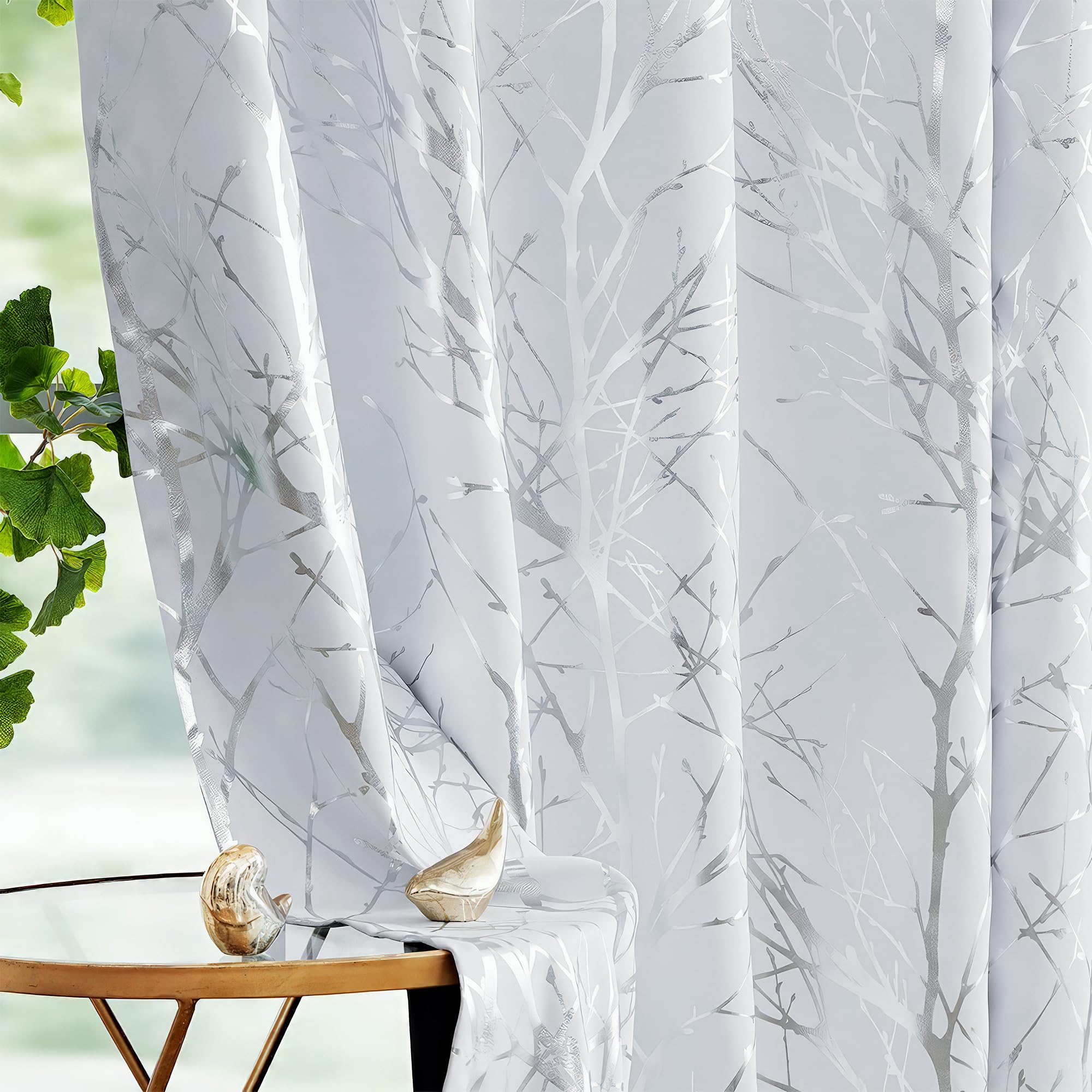 Fmfunctex Blackout Thermal Curtains for Bedroom 54 Inch Drop White Silver Eyelet Curtains for Living Room Branch Foil Print Room Darkening Energy Saving Window Curtain Drapes 2 Panels