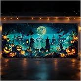 Diubwse 6 * 13FT Halloween Garage Door Cover, Spooky Haunted Cemetery | UV-Printed Polyester with Grommets, Rope, and Hook-and-Loop Fasteners for Single Garage Doors and Halloween Parties