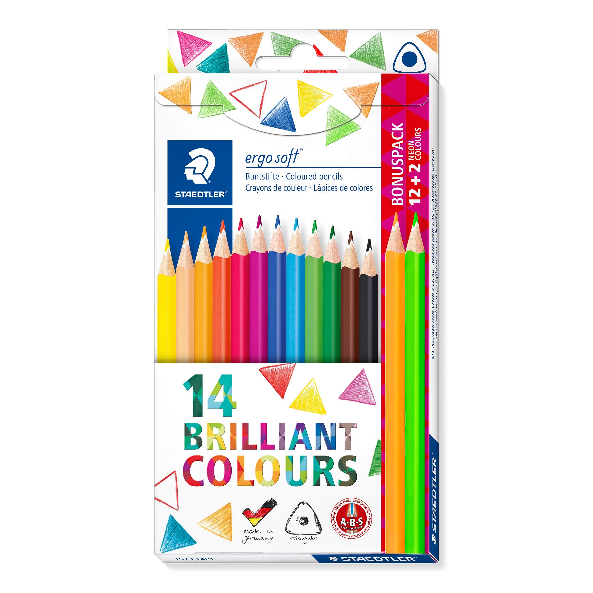 Staedtler ergosoft Colouring Pencils (Increased Break Resistance, Ergonomic Triangular Shape, Non-Slip Soft Surface, Set of 12 Brilliant Colours, Bonus Pack with 2 Neon Colours, Cardboard Case, 157
