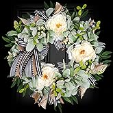 Lambs Ear Wreaths for Front Door Year Round Outside, 20'' Artificial Spring Summer Wreath with Peony Buffalo Bow Green Handmade Farmhouse Home Decor