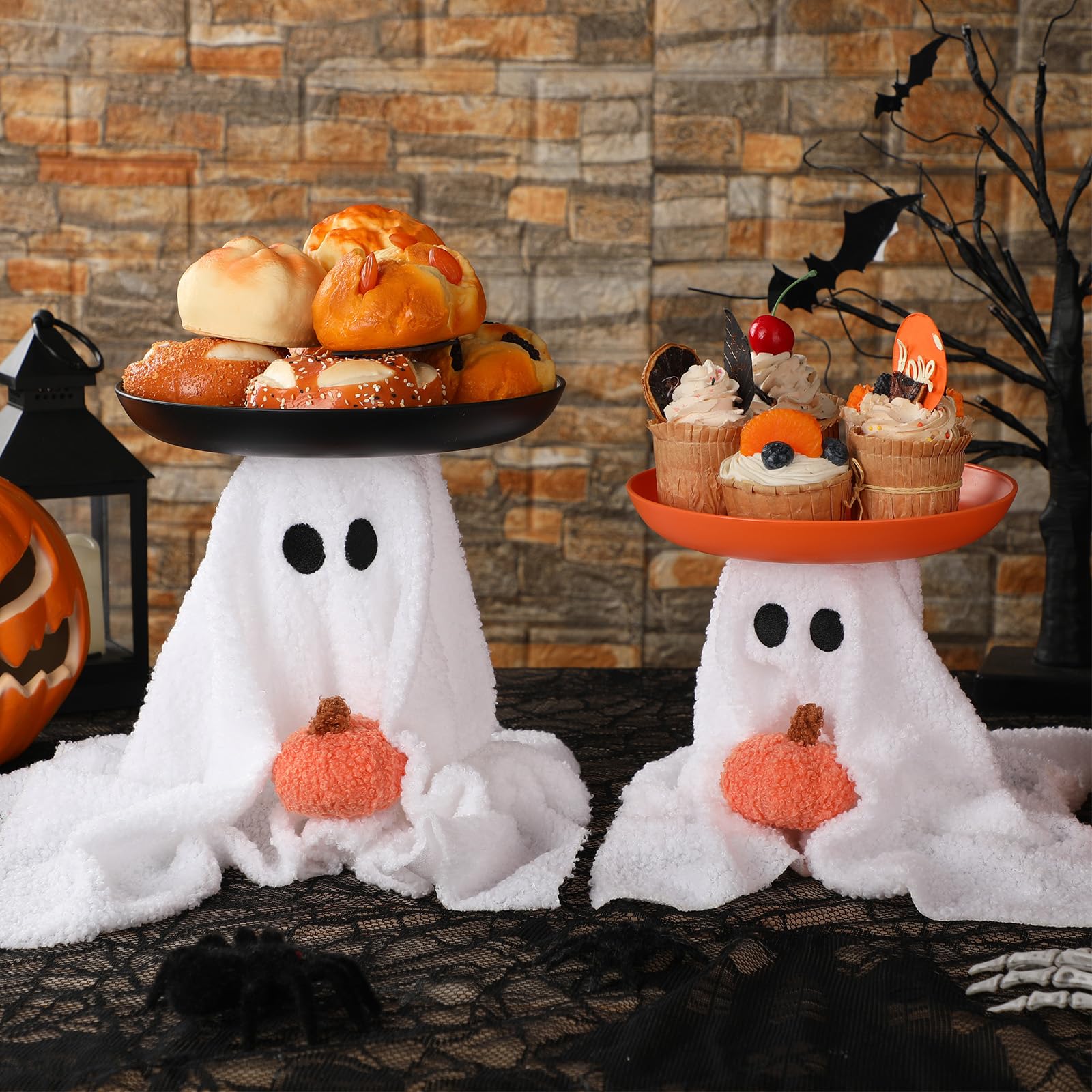Photo 1 of Reallnaive 2 Set Halloween Cupcake Stand Ghost Pumpkin Cupcake Holder Plush Halloween Cake Stand Serving Tray Dessert Tower Dishes for Party Cookies Display Decoration