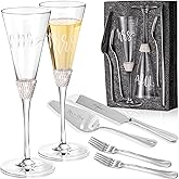 VARLKA Wedding Cake Knife and Server Set, Mr and Mrs Champagne Flutes and Cake Cutting Set for Bridal Shower Gifts Wedding Glasses for Bride and Groom