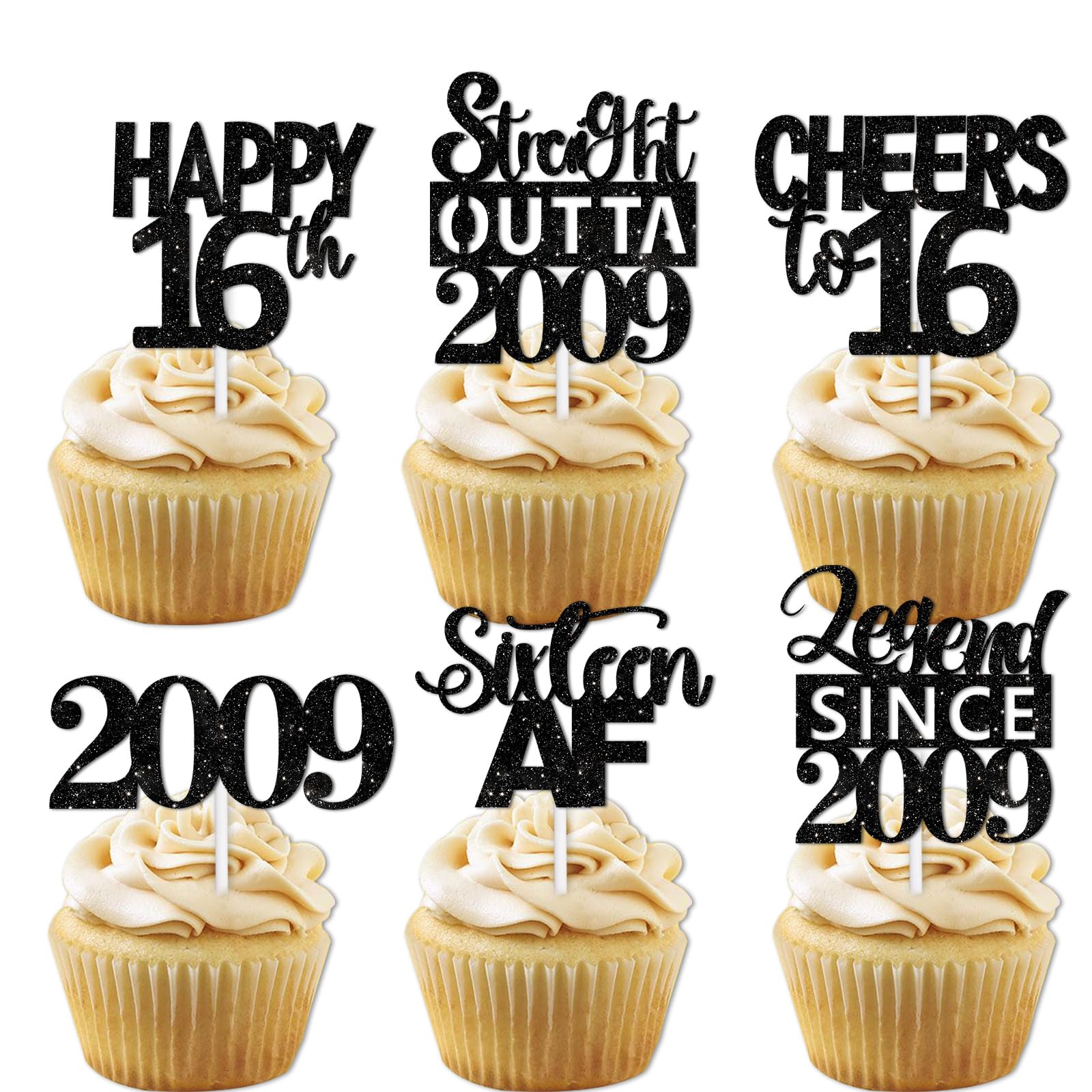 Photo 1 of 18pcs Black Glitter Dessert Cupcake Pick for Straight Outta 2009 Legend Since 2008 Theme Decor Supplies Men Happy 16th Birthday Party Decoration