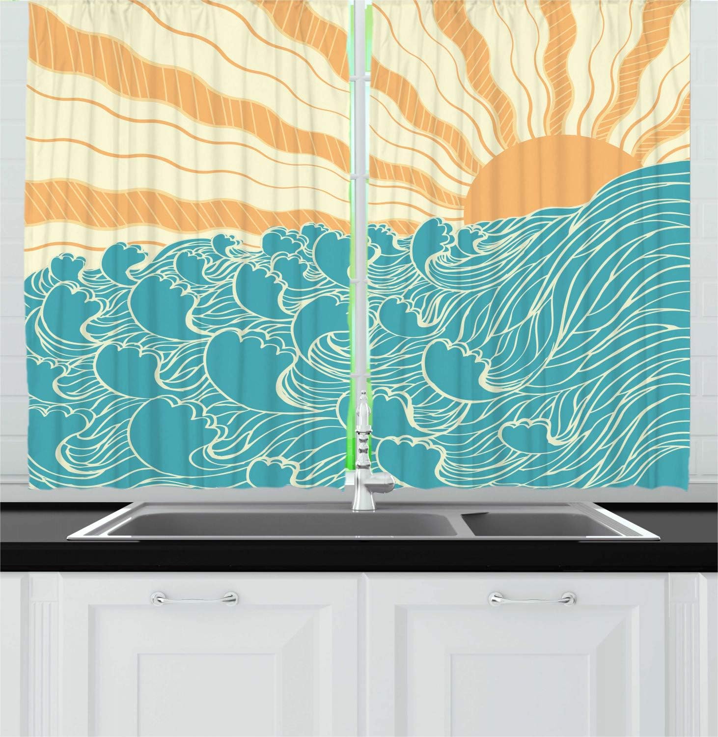 Lunarable Tidal Wave Kitchen Curtains, Nautical Illustration Japanese Style Curvy Sunbeams Ocean Water, Window Drapes 2 Panel Set for Kitchen Cafe Decor, 55" X 39", Cream Dark Seafoam