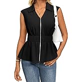 GRACE KARIN Womens Peplum Tops Business Casual,Dressy Work Blouses Short Sleeve,Zipper V Neck Shirts Cinched Smocked Waist