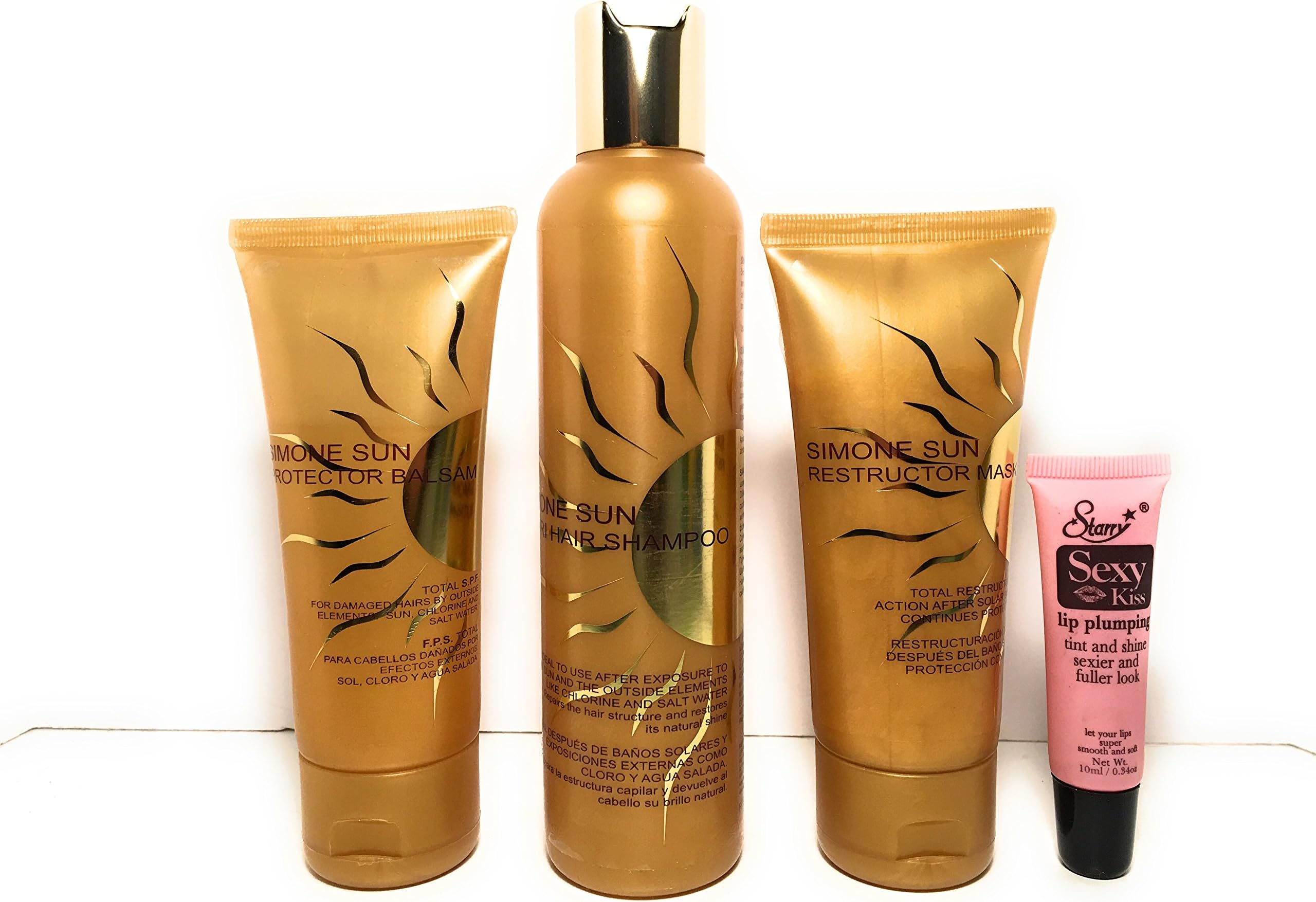Signed By Simone Sun Protector Balsam 100ml/3.38 oz, Sun Nutri Hair Shampoo 200ml/6.8oz and Reconstructor Mask 100ml/3.38oz - Free Starry Lip Plumping Gloss 10 ml