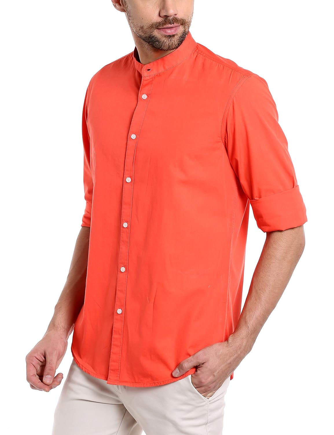 dennis lingo men's solid chinese collar orange casual shirt