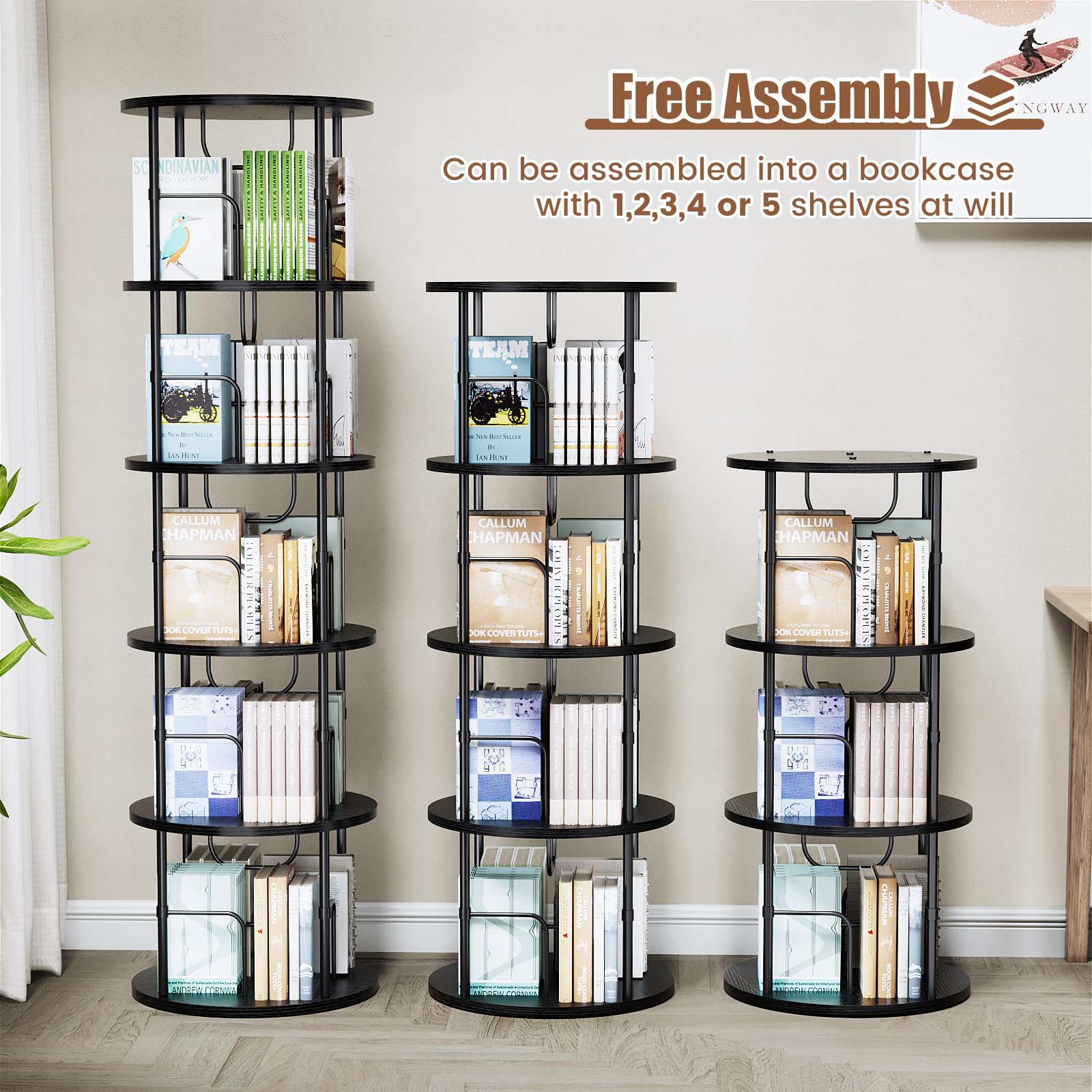 ALLSTAND Rotating Bookshelf, 3 Tier Round Revolving Bookcase With ...