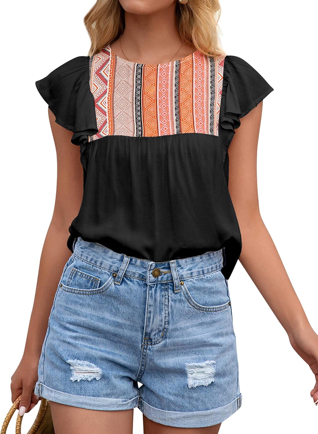 WLLW Women Crew Neck Ruffled Short Sleeve Boho Printed Colorblock