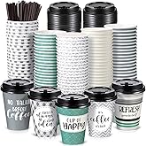 Gerrii 100 Pack Disposable Coffee Cups with Lids and Straws, Motivational Paper Hot Cups with 6 Quotes and Designs for Water, Juice, Coffee, Tea, Home, Shop Cafe(12 Oz,Modern Style)
