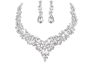 BriLove Women's Wedding Bridal Austrian Crystal Teardrop Cluster Statement Necklace Dangle Earrings Jewelry Set