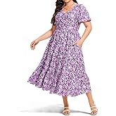 Women's Plus Size Casual Dress Floral Tiered V-Neck Aline Short Sleeve Summer Maxi Dresses with Pockets Long Dress