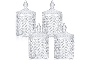 Aoriher 4 Pcs Crystal Glass Candy Jar Set with Lids Home Decorative Storage Jars for Apothecary, Bathroom, Kitchen, and Pantry, Ideal for Cotton Swabs and Jewelry(Medium,Clear)