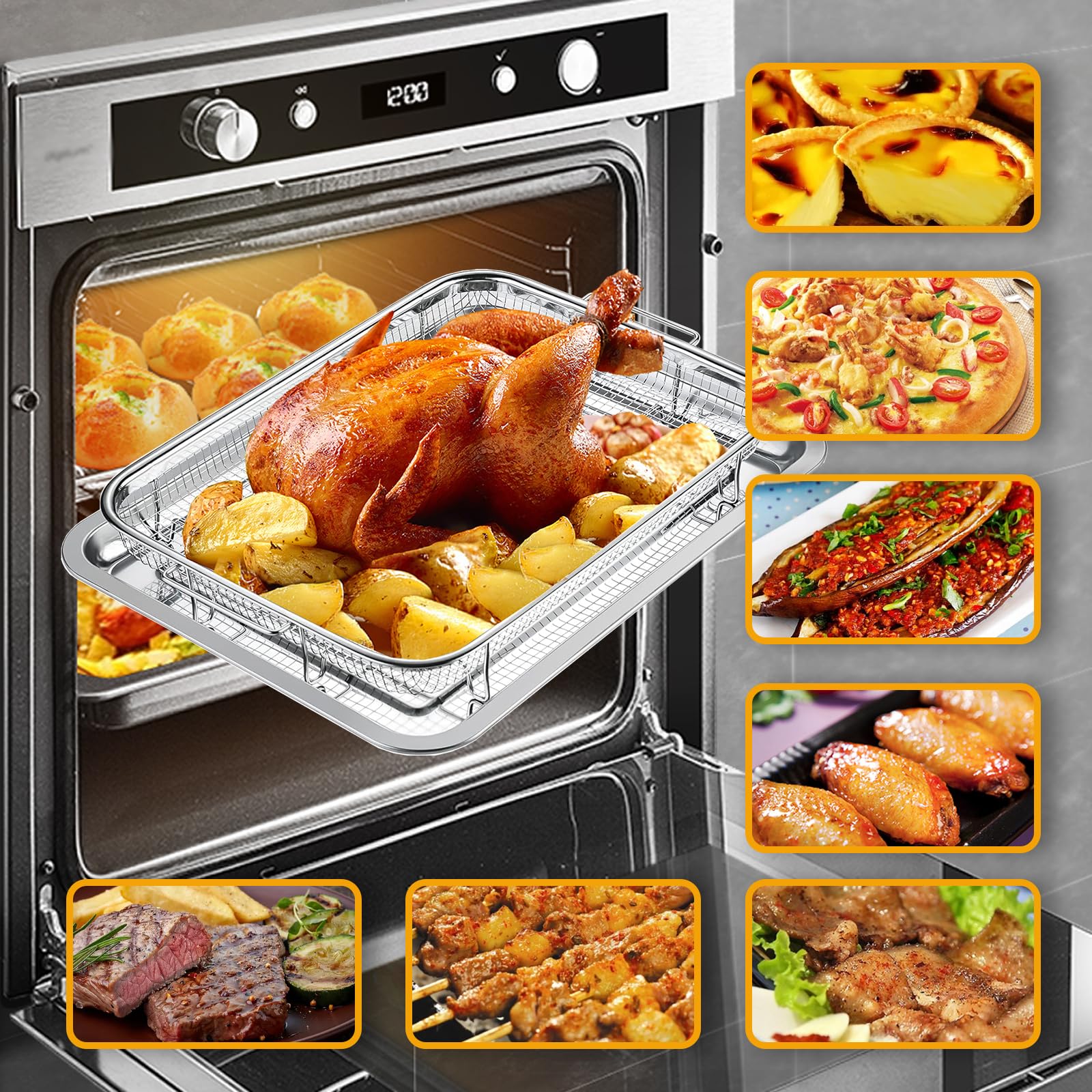 N.Gracia Air Fryer Basket for Oven, 15.5“ x 11.6“ large Stainless Steel Crisper Tray and Pan with 50 PCS Parchment Paper, Stainless Steel Air Fryer Basket for Baking Grilling