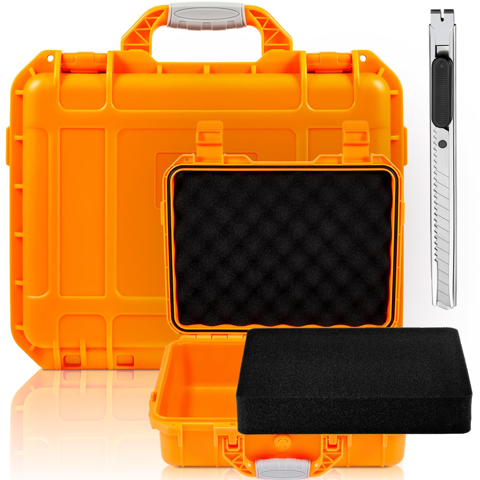 Photo 1 of Relaxweex 14.3 x 11.4 x 4.5 Inch Waterproof Hard Case with DIY Customizable Foam Insert Portable Protective Case with Knife for Camera Drones Equipments Tools Test Instruments (Orange)