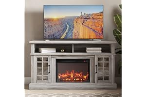 BELLEZE Traditional 58" Rustic TV Stand with 23" Electric Fireplace Heater with Sound, Media Entertainment Center Console Table for TV up to 65" with Open Storage Shelves and Cabinets - Grey Wash