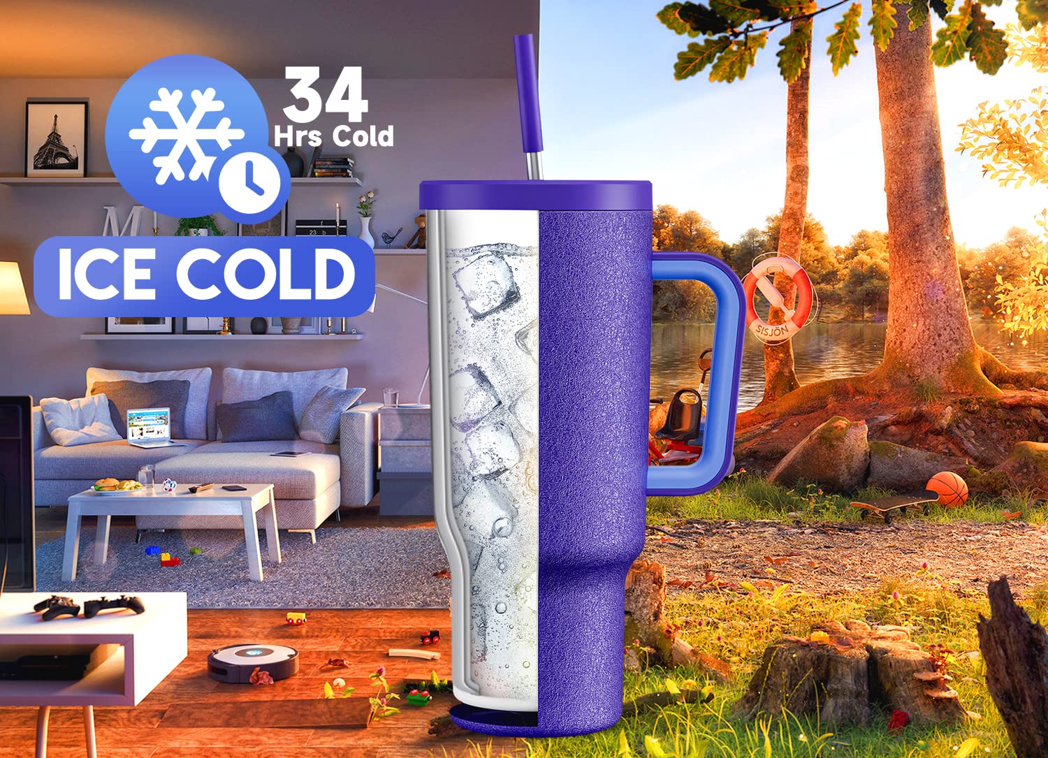 Meoky 40oz Tumbler with Handle, Leak-proof Lid and Straw, Insulated Coffee Mug Stainless Steel Travel Mug, Keeps Cold for 34 Hours or Hot for 10 Hours (Offshore)