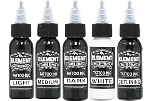 Element Tattoo Supply Greywash Tattoo Ink Set - Professional Tattooing, Light, Medium & Dark Shades, Includes Black & White Solid Inks for Outlining, Shading & Blending, 1 oz Bottle (5 Pack)