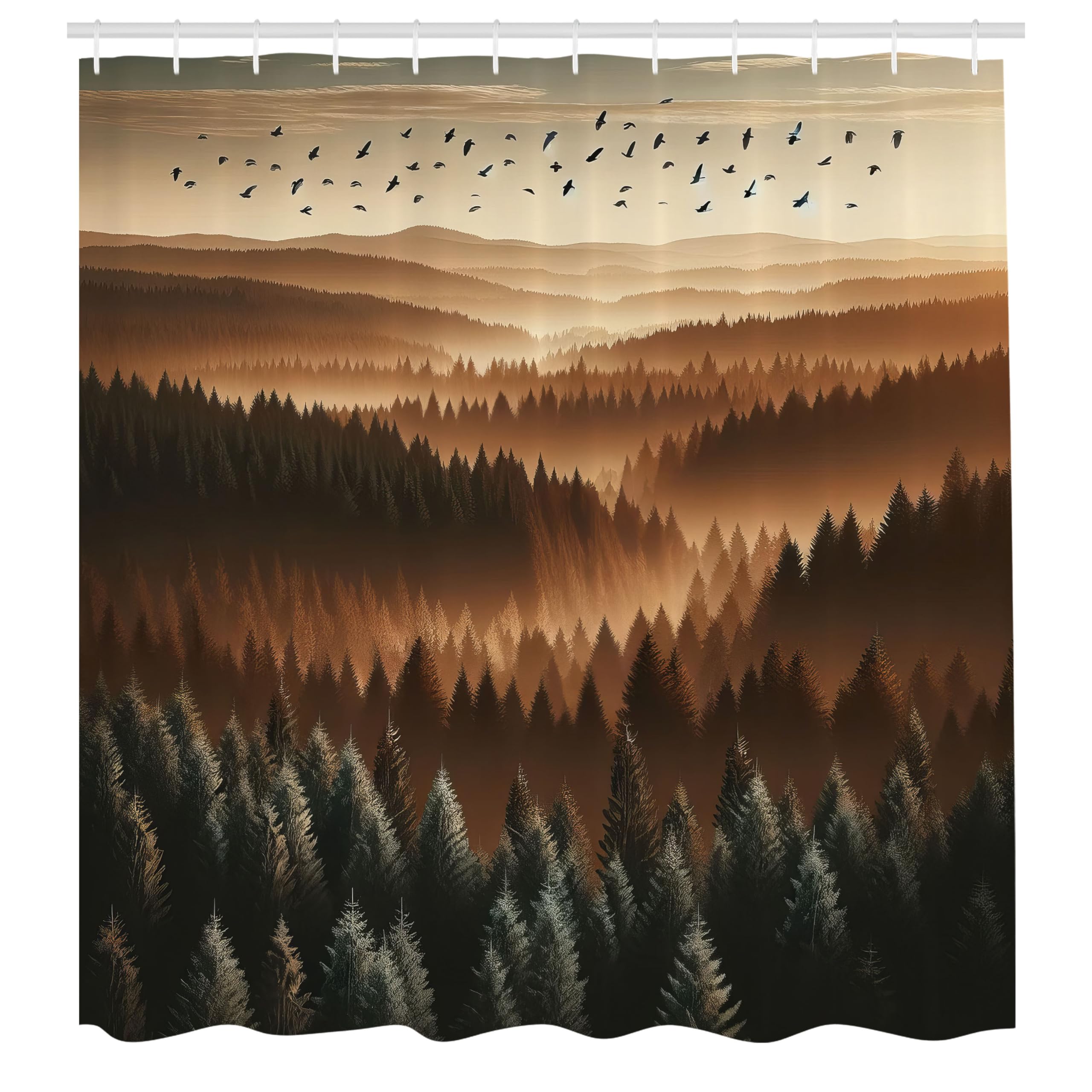 ABAKUHAUS Brown Shower Curtain, Landscape Panorama Sunset, Cloth Fabric Bathroom Decor Set with Hooks, 175 x 200 cm, Fir Green