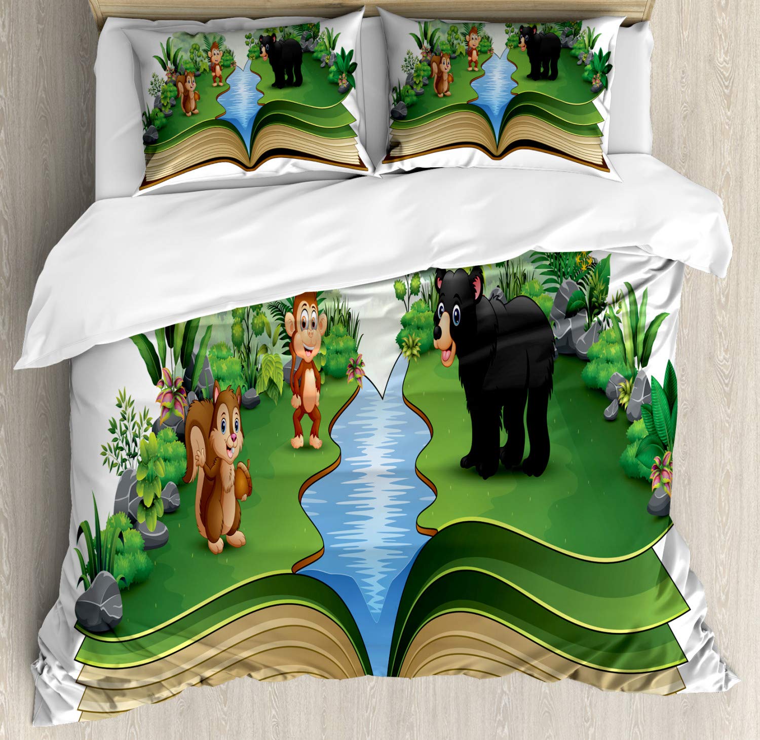 ABAKUHAUS Squirrel Duvet Cover Set, Jungle Open Book Friends, Bedding Set 3 Pieces with 2 Pillow Shams, 200 x 200 cm - 70 x 50 cm, Green Multicolor — image 1