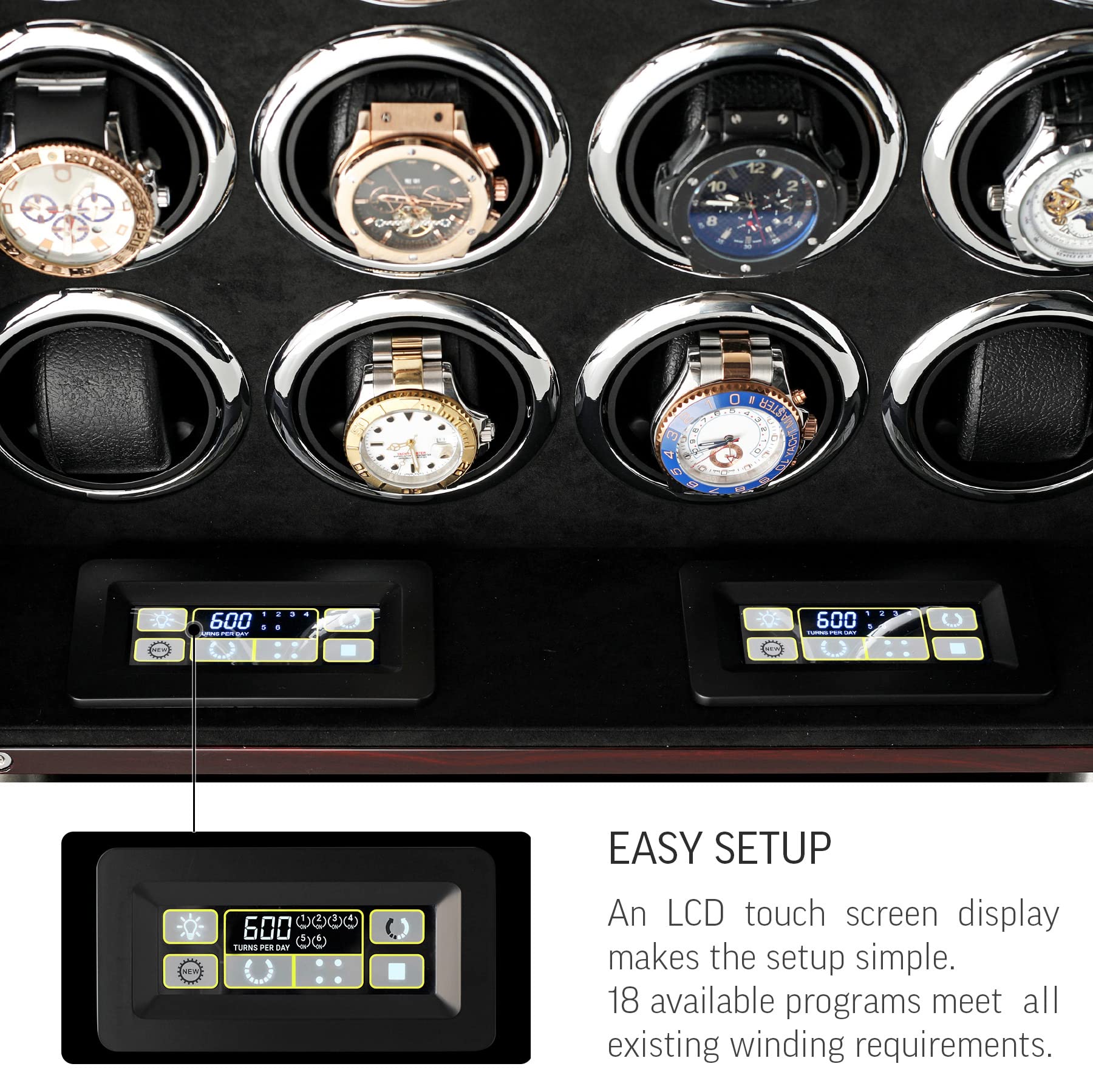 12 Watch Winder for Automatic Watches with LED Light and LCD Touchscreen Control (Ebony + Black)