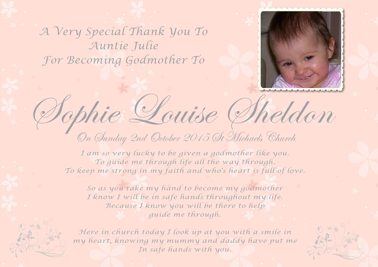 2 Personalizzato Battesimo Keepsake Poesia Per Madrina Free P P Amazon It Cancelleria E Prodotti Per Ufficio