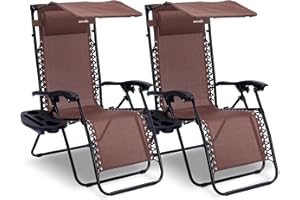 SereneLife Zero Gravity Lounge Chairs – 2-Pack Foldable Outdoor Recliners with Canopy Shade, Cup Holder, Side Table & Removab