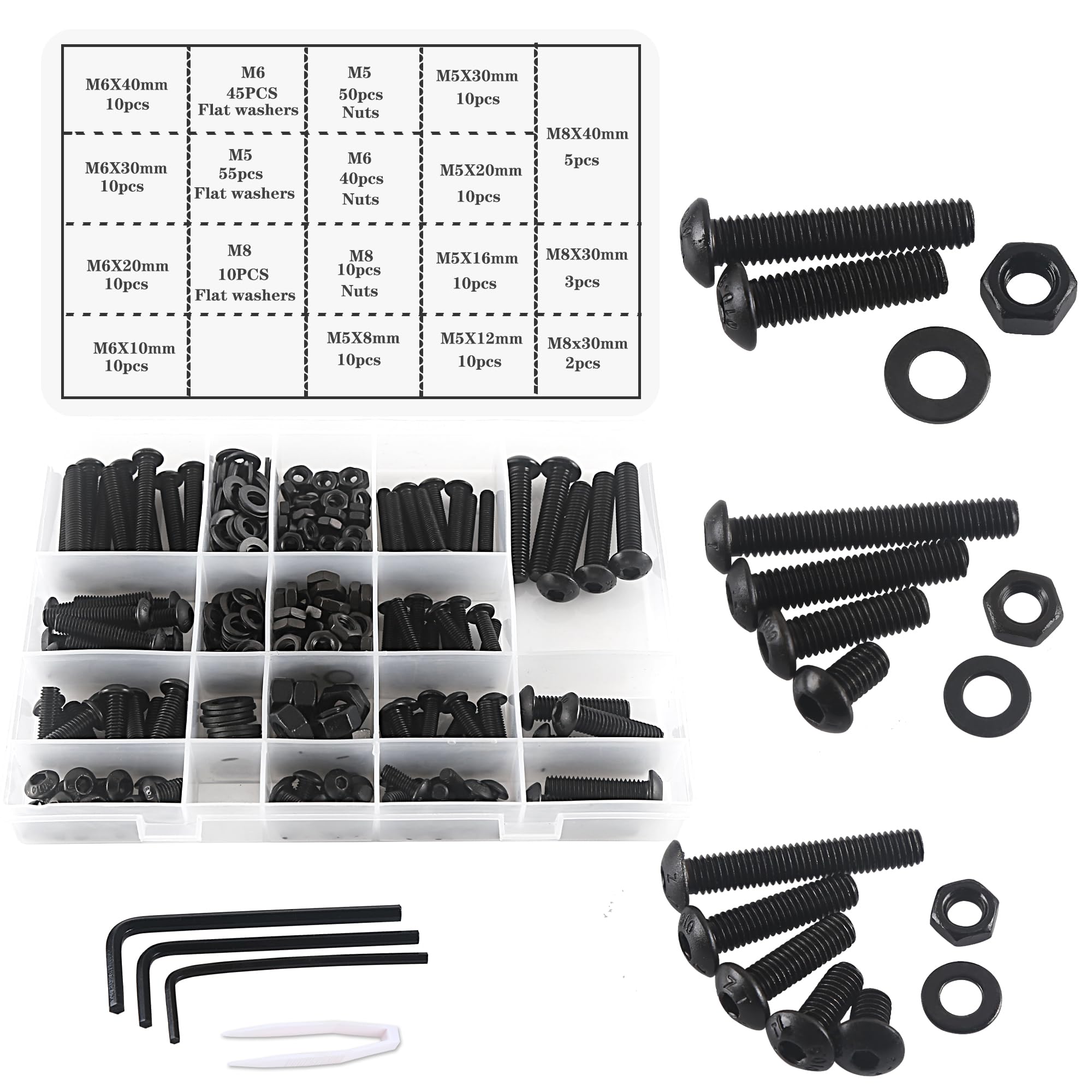 huruirui M5 M6 M8 Nuts and Bolts Washers Assorted Set, Black Button Head Screws Bolts and Nuts Kit, Thread Machine Hex Bolt Set Fastener Repair Tools Assortment Kit with 3 Wrench 310pcs