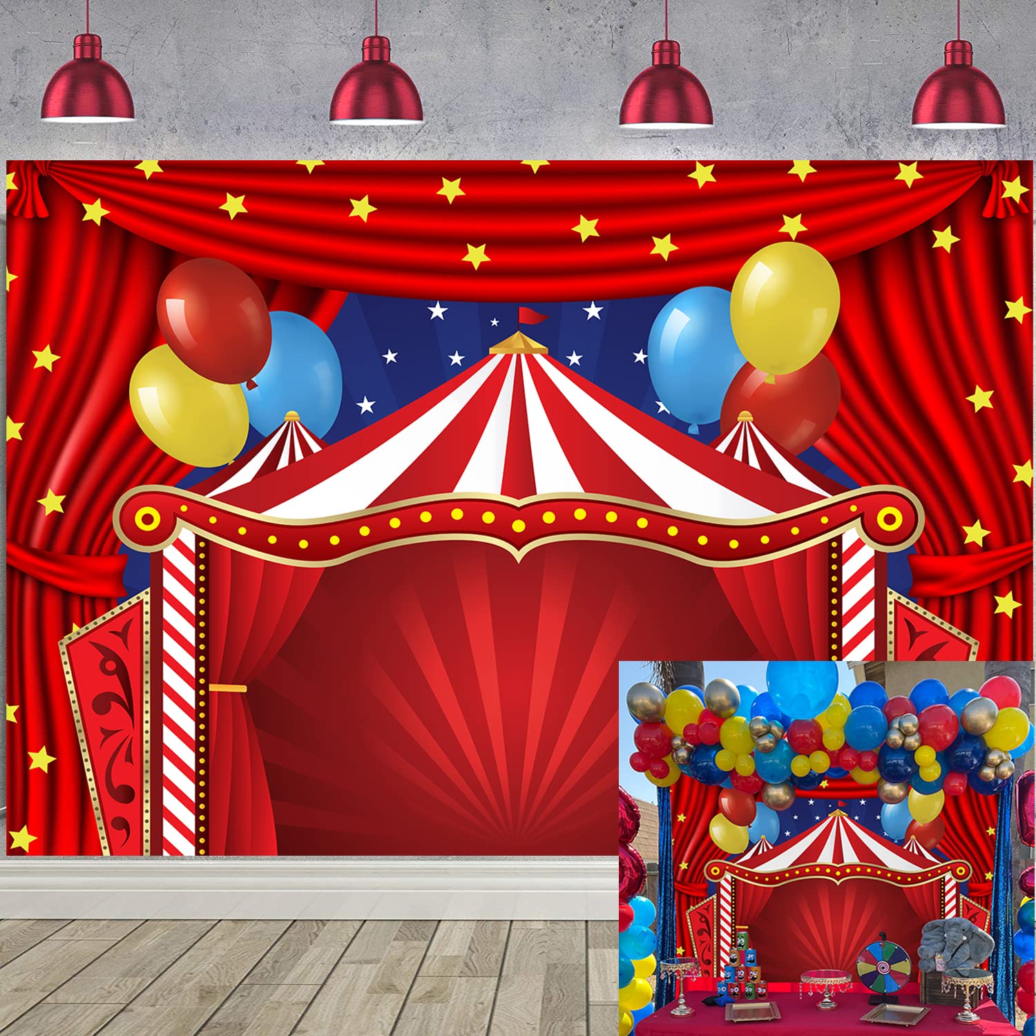WANGRJ Circus Carnival Themed Backdrop Red Curtain Stars Birthday Party Photography Background Newborn Baby Shower Birthday Cake Table Decorations 7x5FT