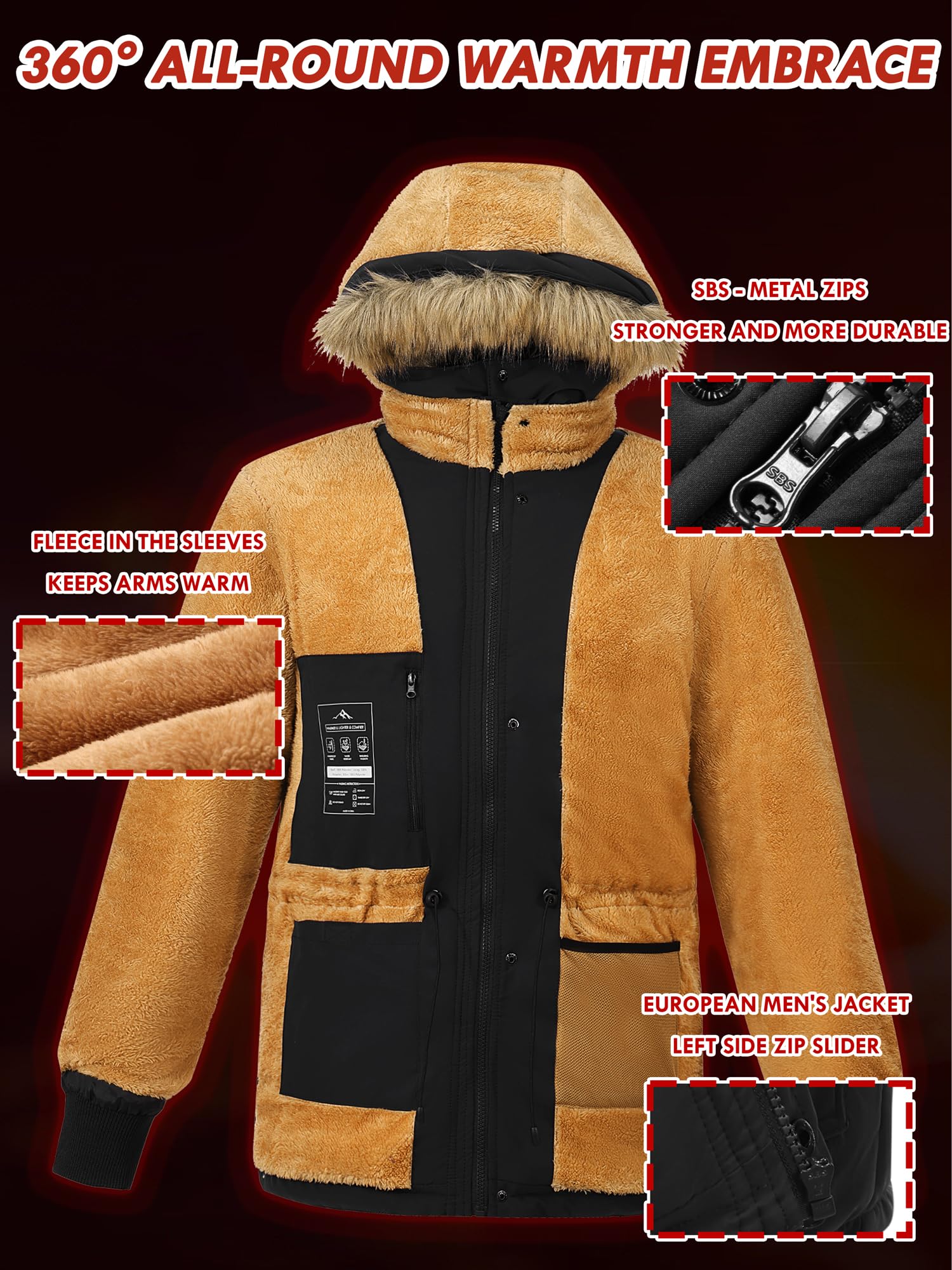 Peakwell Herren Warme Winterjacke Outdoor Winterparka Wasserdichte Daunenjacke Verdickte Arbeitsjacke Winddichte Wanderjacke für Männer, Schwarz, L 3