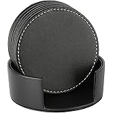 AUMISKY Leather Coasters for Drinks(6 Pack), Handmade Durable Drink Coasters Set with Holder for Tabletop Protection, Luxurious Home Décor and Housewarming Gift (Black)