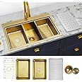 MILOSEN Gold Kitchen Sink, Stainless Steel Kitchen Sink 32×20 Inch, Topmount Drop in Kitchen Sink Gold, Large Embossed Stainless Workstation Sink, Deep Single Bowl Kitchen Sink, Gold Sink Kitchen