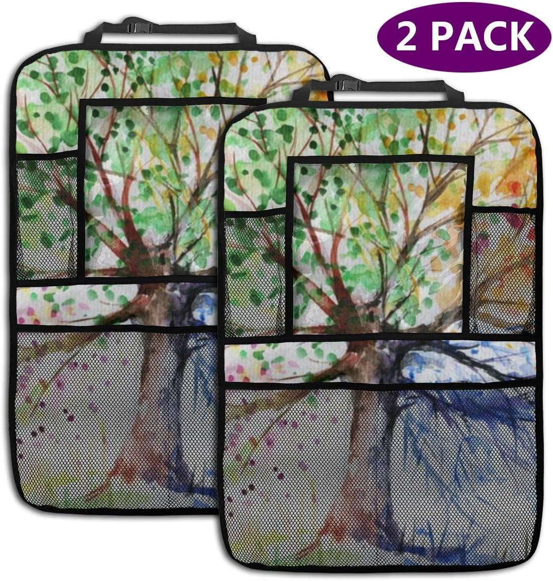 TianHeYue Four Season Tree of Life Painting Backseat Car Organizer Car Back Seat Protector Kick Mats for Kids Large Storage Pockets (2 Pack)