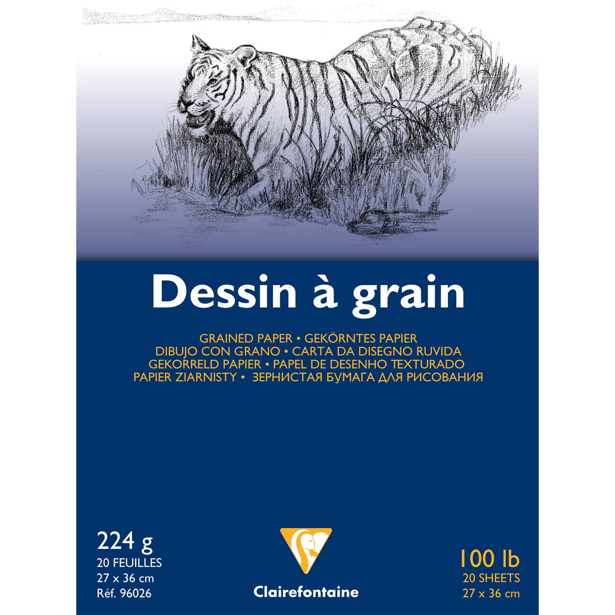 Clairefontaine - Ref 96026C - White Grained Drawing Paper Glued Pad (20 Sheets) - 27 x 36cm Sized, 224gsm Paper, White & Grained Drawing Paper, Acid Free, pH Neutral