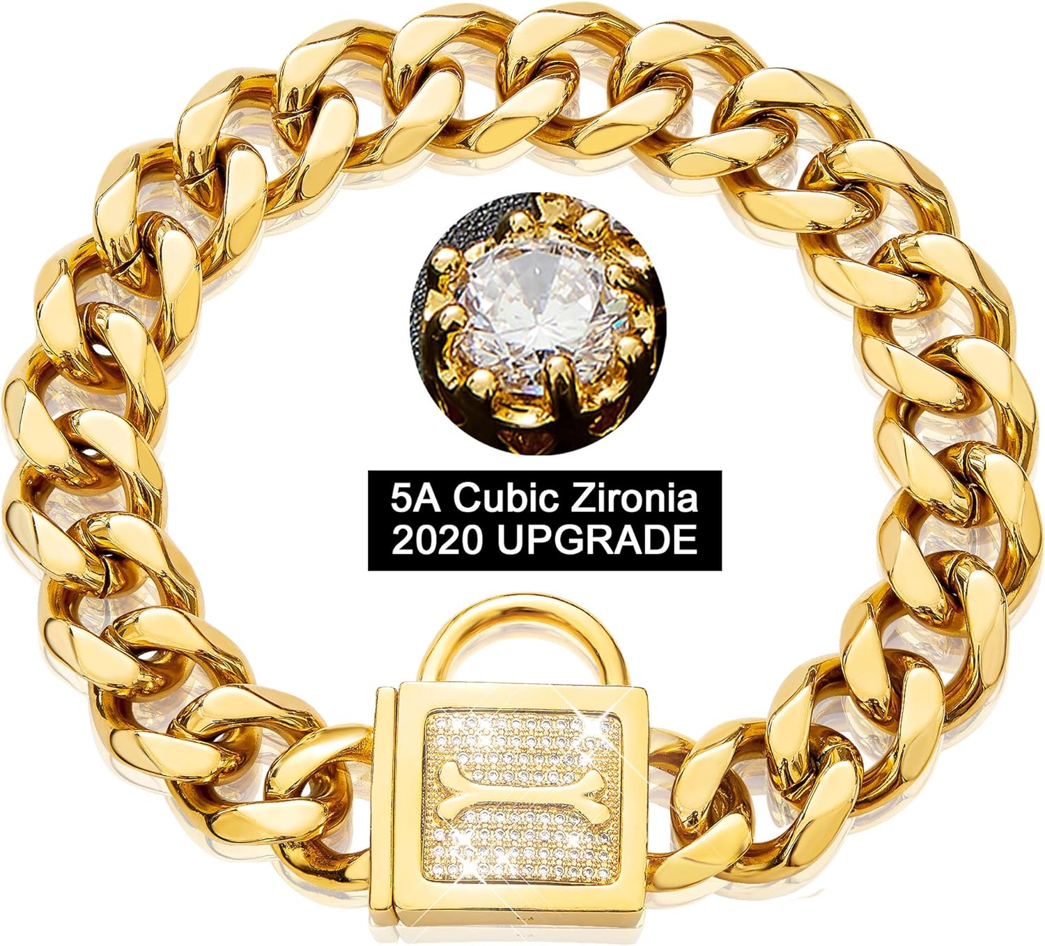 PRADOG Dog Collar with Zirconia Locking 19MM Gold Metal